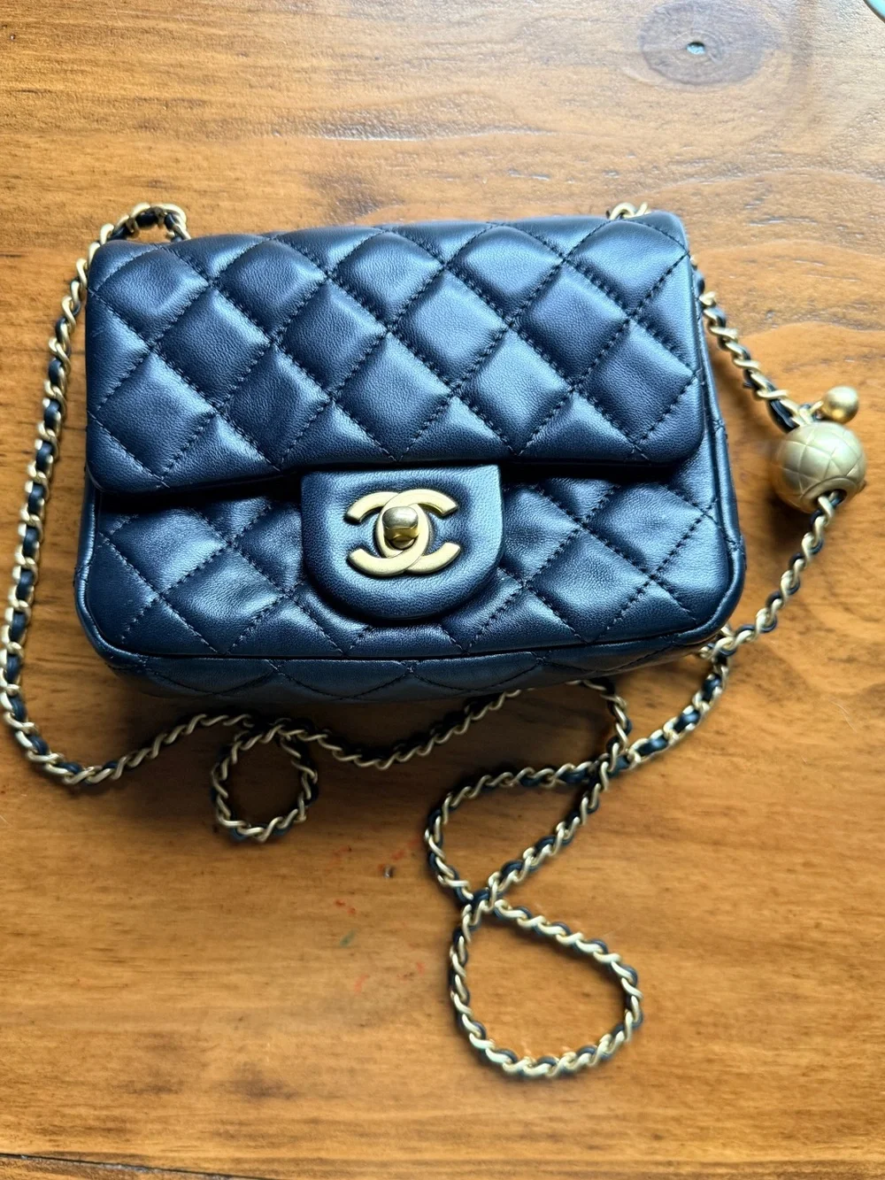 Chanel Black Quilted Lamb Ski  Mini Pearl Crush Flap Bag with Gold Chain